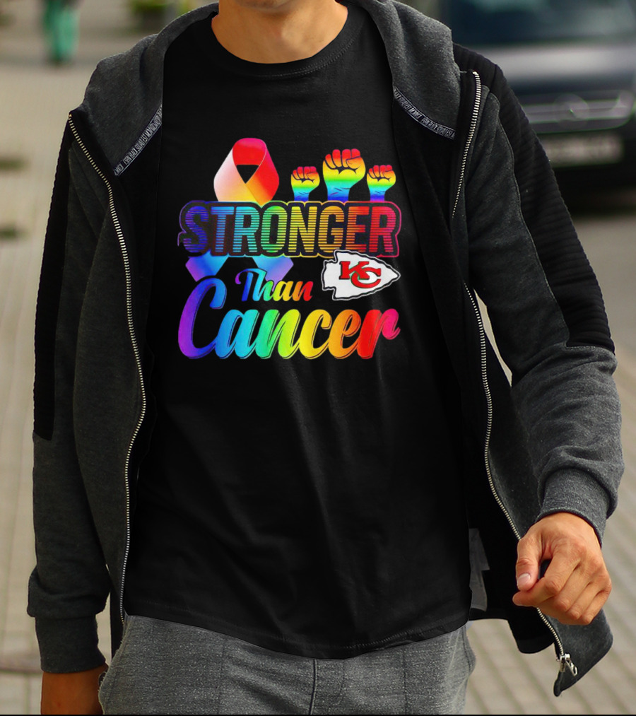 Kansas City Chiefs Stronger Than Cancer Rainbow Ribbon Fists T-Shirt