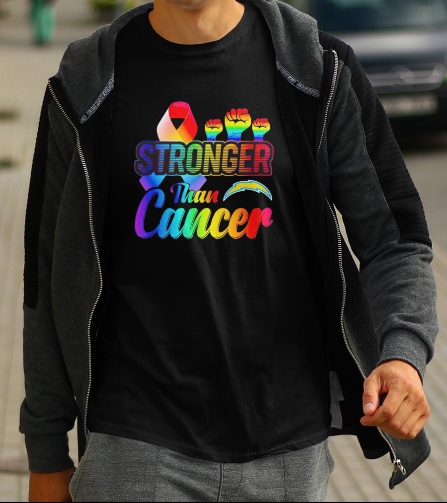 Los Angeles Chargers Stronger Than Cancer Rainbow Ribbon And Fists T-Shirt