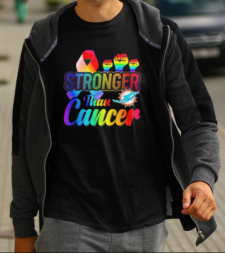 Stronger Than Cancer Miami Dolphins Rainbow Ribbon And Fists T-Shirt
