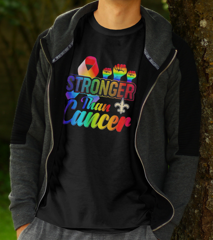 Stronger Than Cancer New Orleans Saints Fleur-De-Lis Rainbow Fists T-Shirt