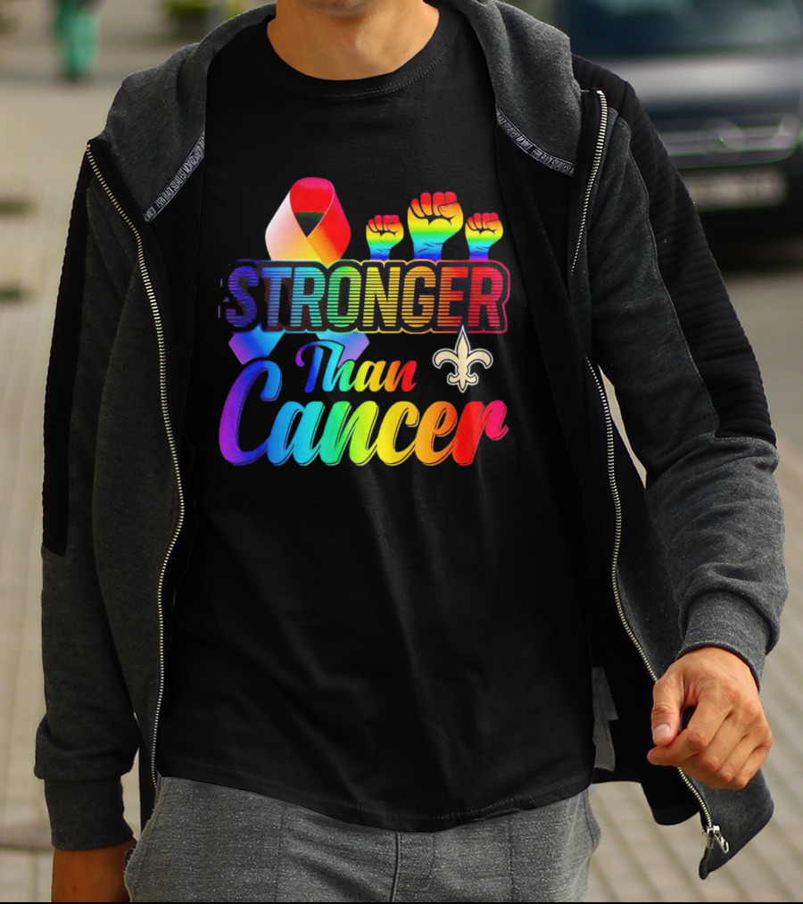 Stronger Than Cancer New Orleans Saints Fleur-De-Lis Rainbow Fists T-Shirt