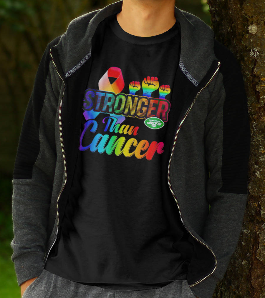 New York Jets Stronger Than Cancer Rainbow Ribbon And Fists T-Shirt