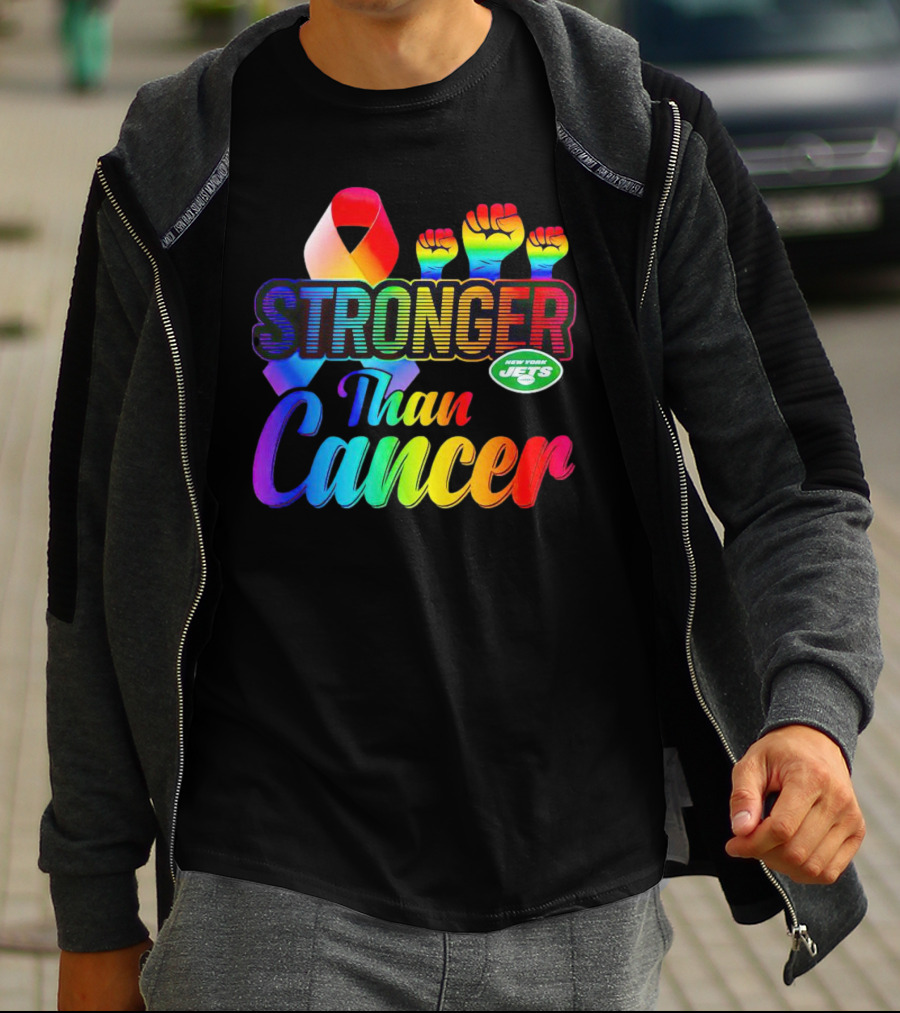 New York Jets Stronger Than Cancer Rainbow Ribbon And Fists T-Shirt