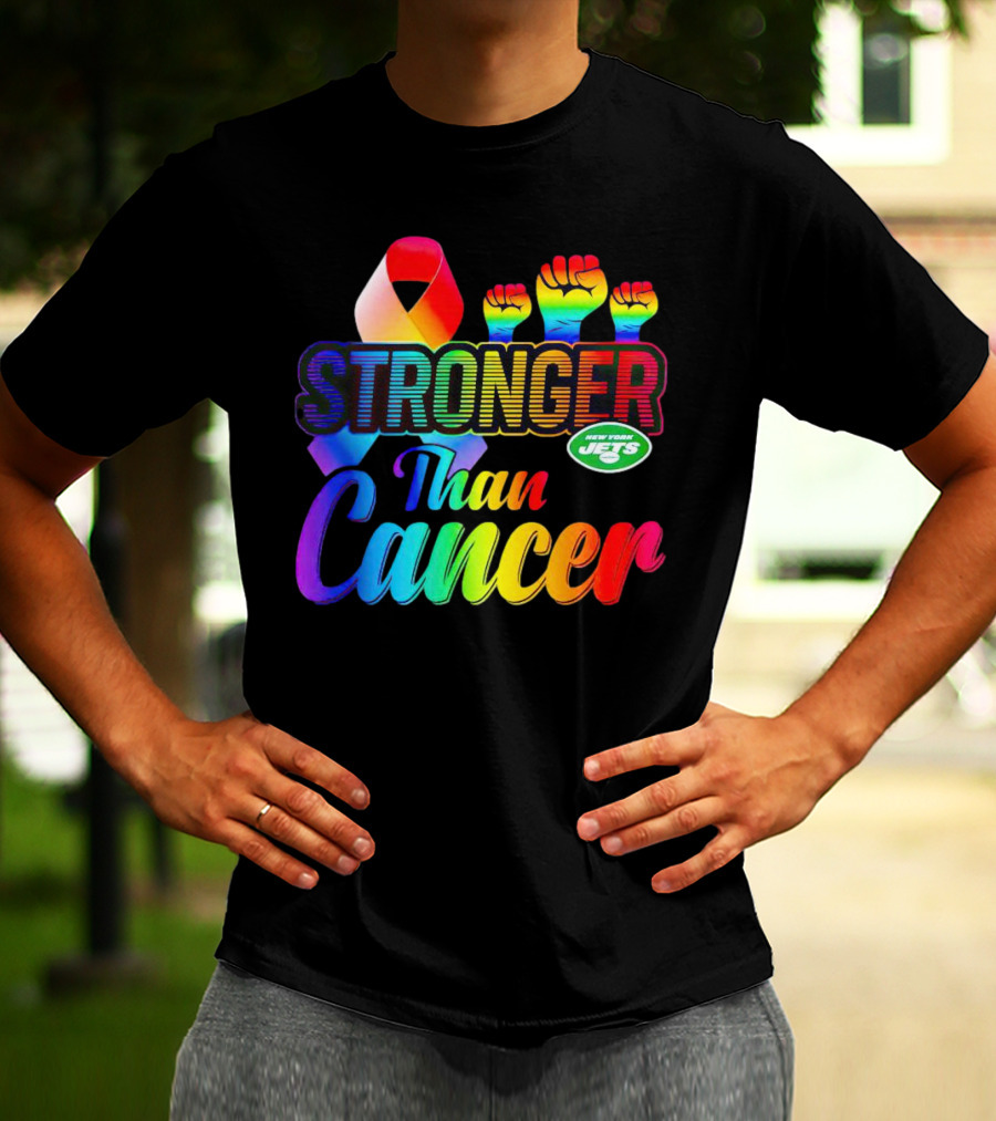 New York Jets Stronger Than Cancer Rainbow Ribbon And Fists T-Shirt