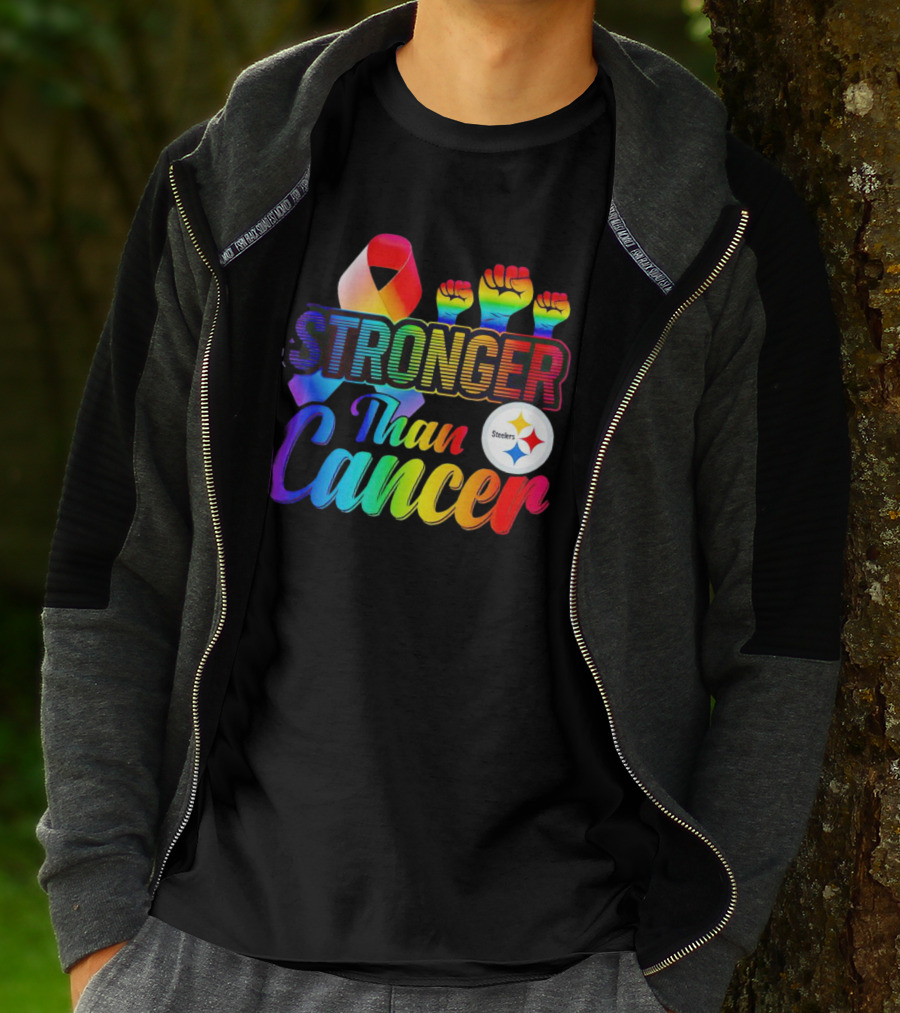 Pittsburgh Steelers Stronger Than Cancer Rainbow Ribbon And Fists T-Shirt