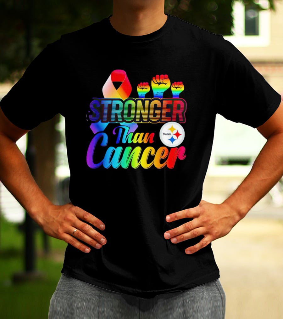 Pittsburgh Steelers Stronger Than Cancer Rainbow Ribbon And Fists T-Shirt