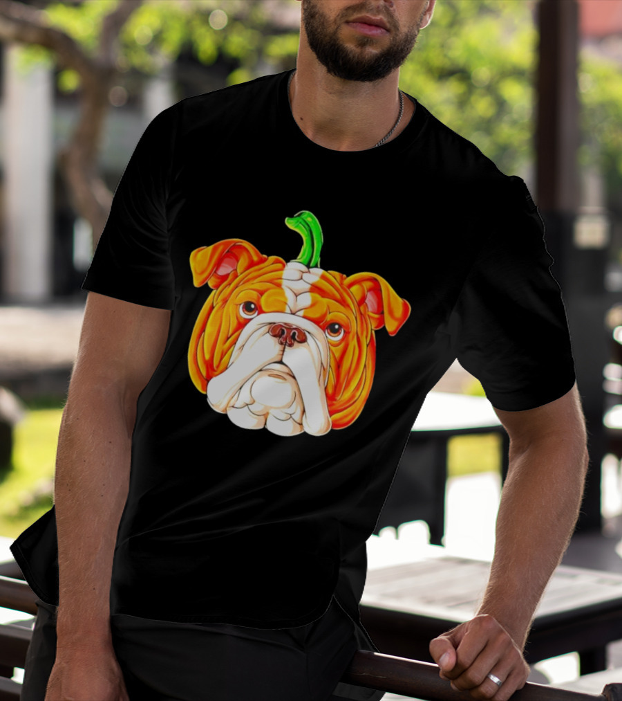 Bulldog Pumpkin Halloween Face With Green Stem T-Shirt