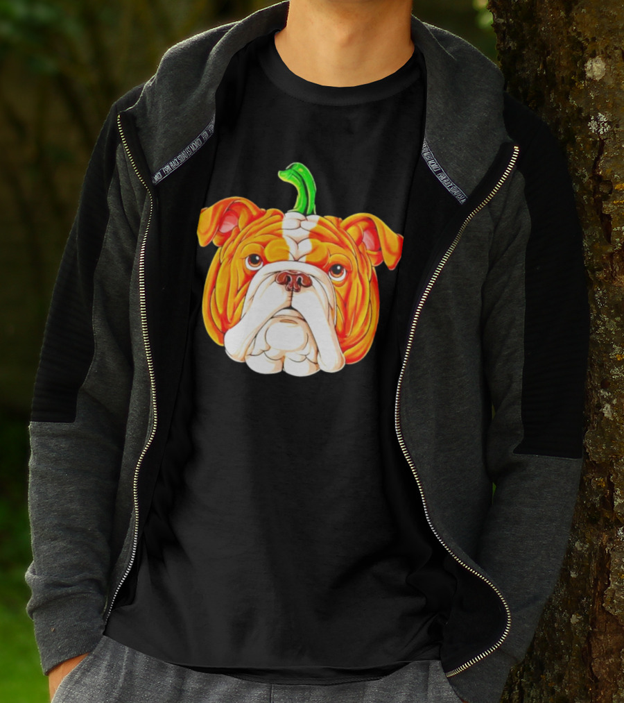 Bulldog Pumpkin Halloween Face With Green Stem T-Shirt