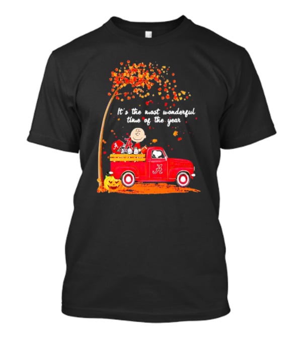 Peanuts Characters Alabama Crimson Tide Fall It's The Most Wonderful Time Of The Year Truck Football Pumpkins Leaves T-Shirt