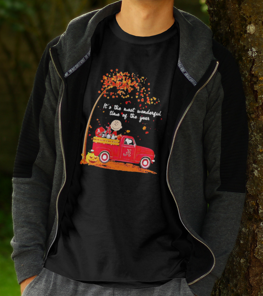 Peanuts Characters Alabama Crimson Tide Fall It's The Most Wonderful Time Of The Year Truck Football Pumpkins Leaves T-Shirt