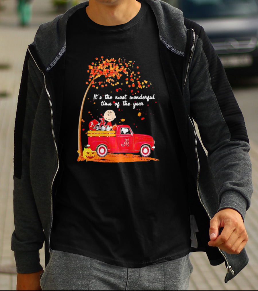 Peanuts Characters Alabama Crimson Tide Fall It's The Most Wonderful Time Of The Year Truck Football Pumpkins Leaves T-Shirt