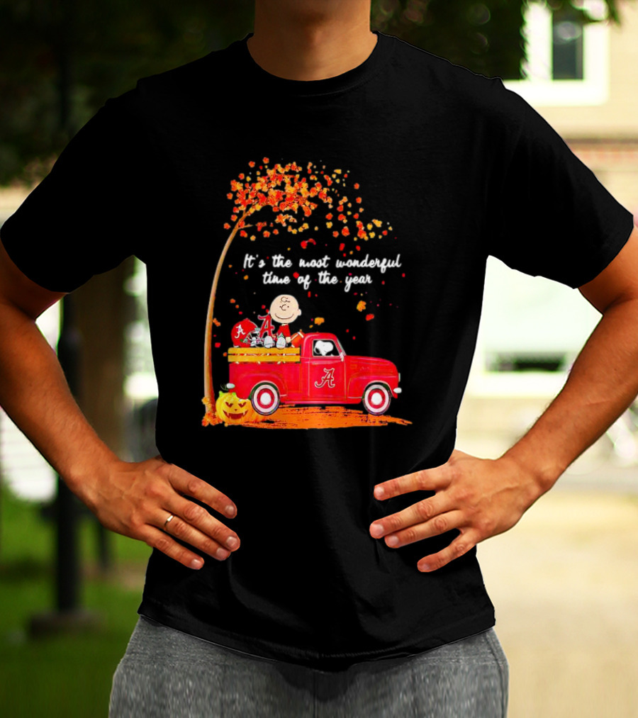 Peanuts Characters Alabama Crimson Tide Fall It's The Most Wonderful Time Of The Year Truck Football Pumpkins Leaves T-Shirt