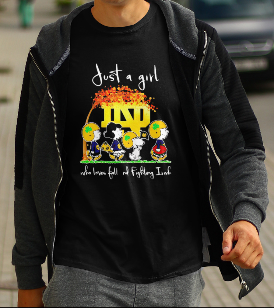Just A Girl Who Loves Fall ND Fighting Irish Peanuts Characters T-Shirt
