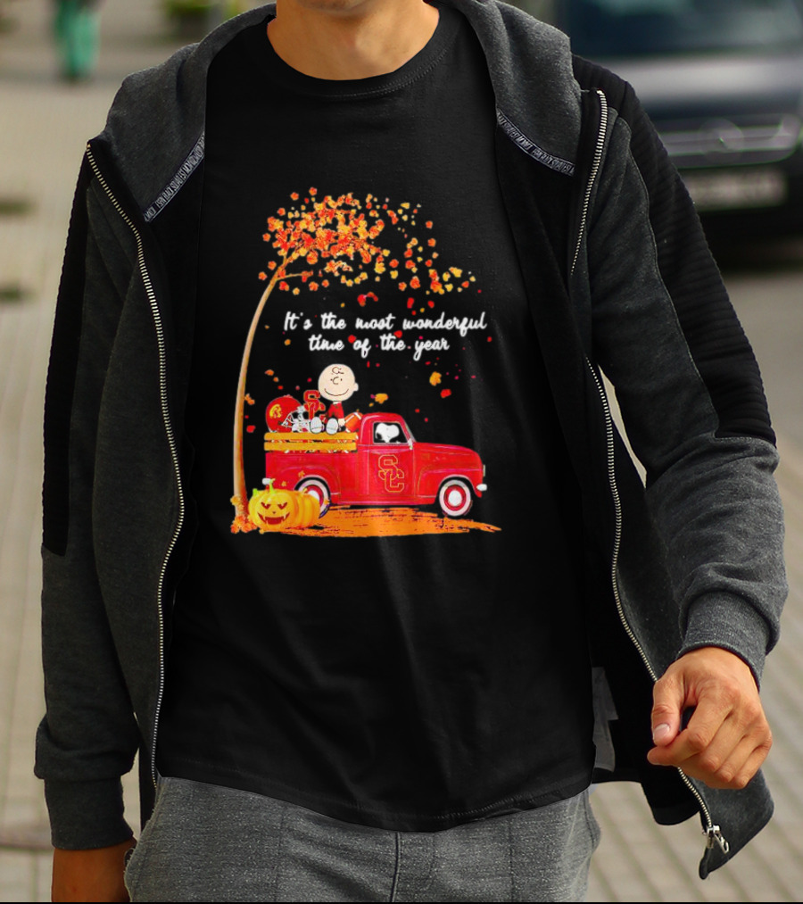 Peanuts Characters USC Trojans Fall It's The Most Wonderful Time Of The Year Football Truck Pumpkin Charlie Brown T-Shirt