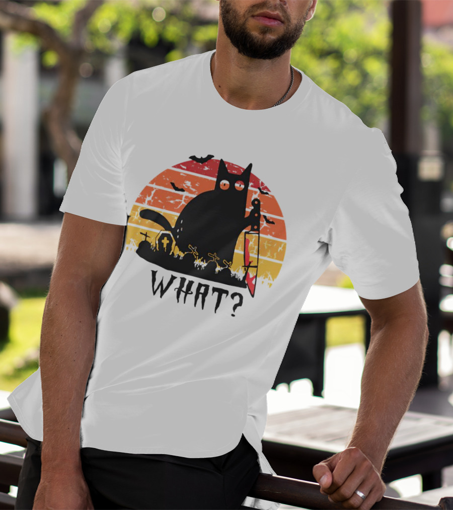 Cat With Sword And Graves Sunset Halloween T-Shirt