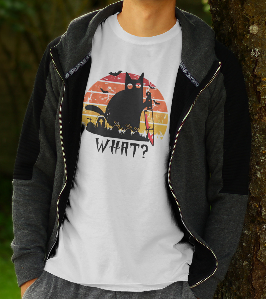 Cat With Sword And Graves Sunset Halloween T-Shirt