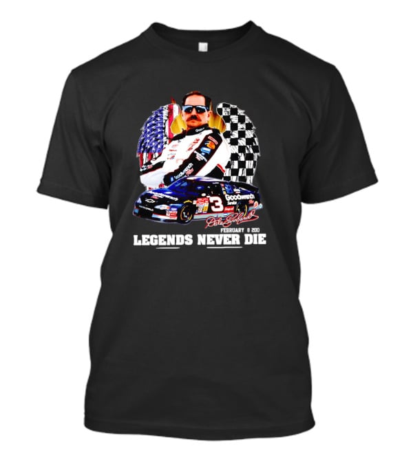 Dale Earnhardt Legends Never Die February 18 2001 Racing Icon American Flag Checkered Flag T-Shirt