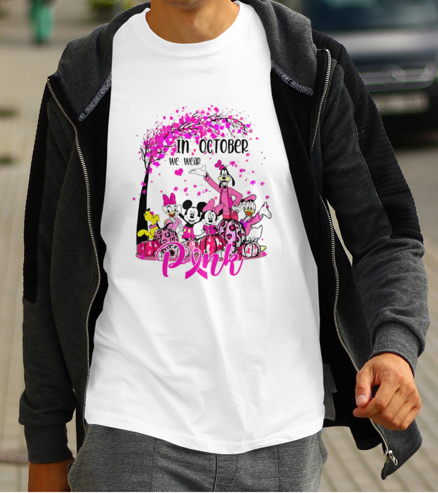 In October We Wear Pink Disney Characters Breast Cancer Awareness T-Shirt