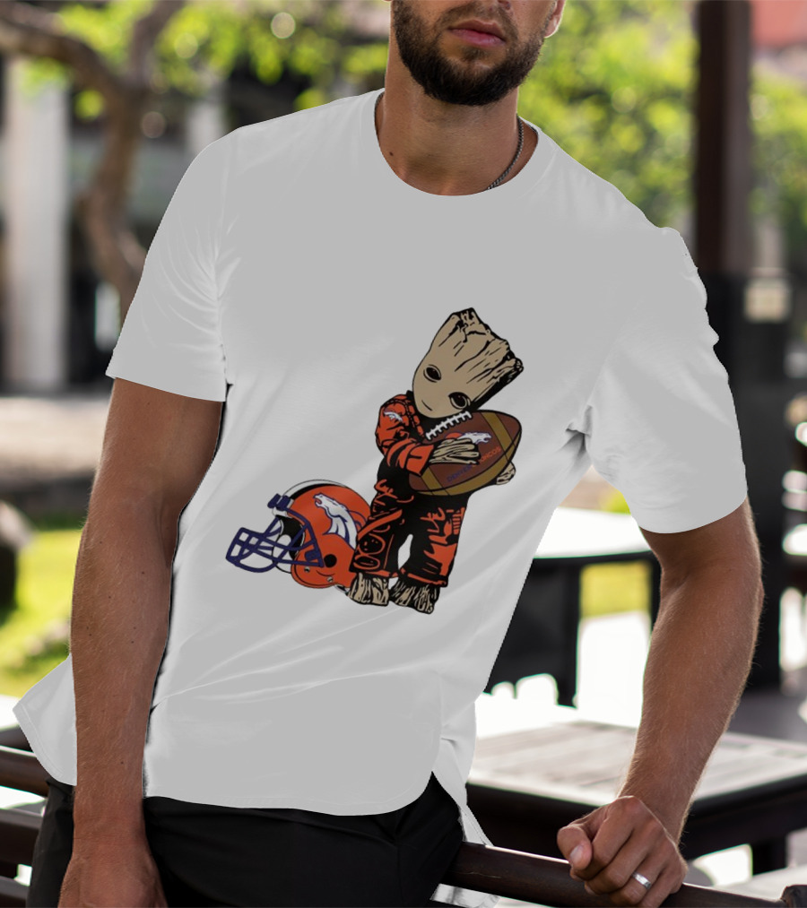 Groot Hugging Denver Broncos Football And Helmet T-Shirt
