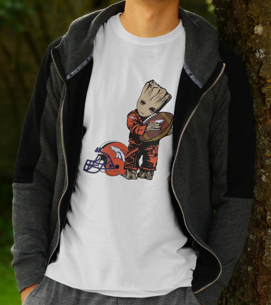 Groot Hugging Denver Broncos Football And Helmet T-Shirt