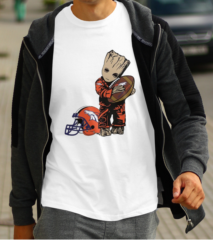 Groot Hugging Denver Broncos Football And Helmet T-Shirt