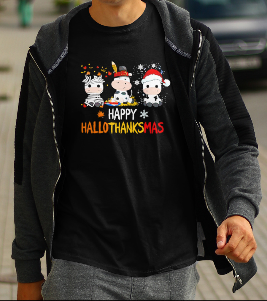 Happy HalloThanksMas Cute Cow Trio In Halloween Thanksgiving Christmas Outfits T-Shirt