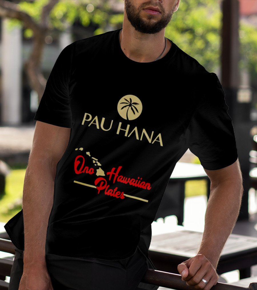 Pau Hana Palm Logo Ono Hawaiian Plates Map T-Shirt