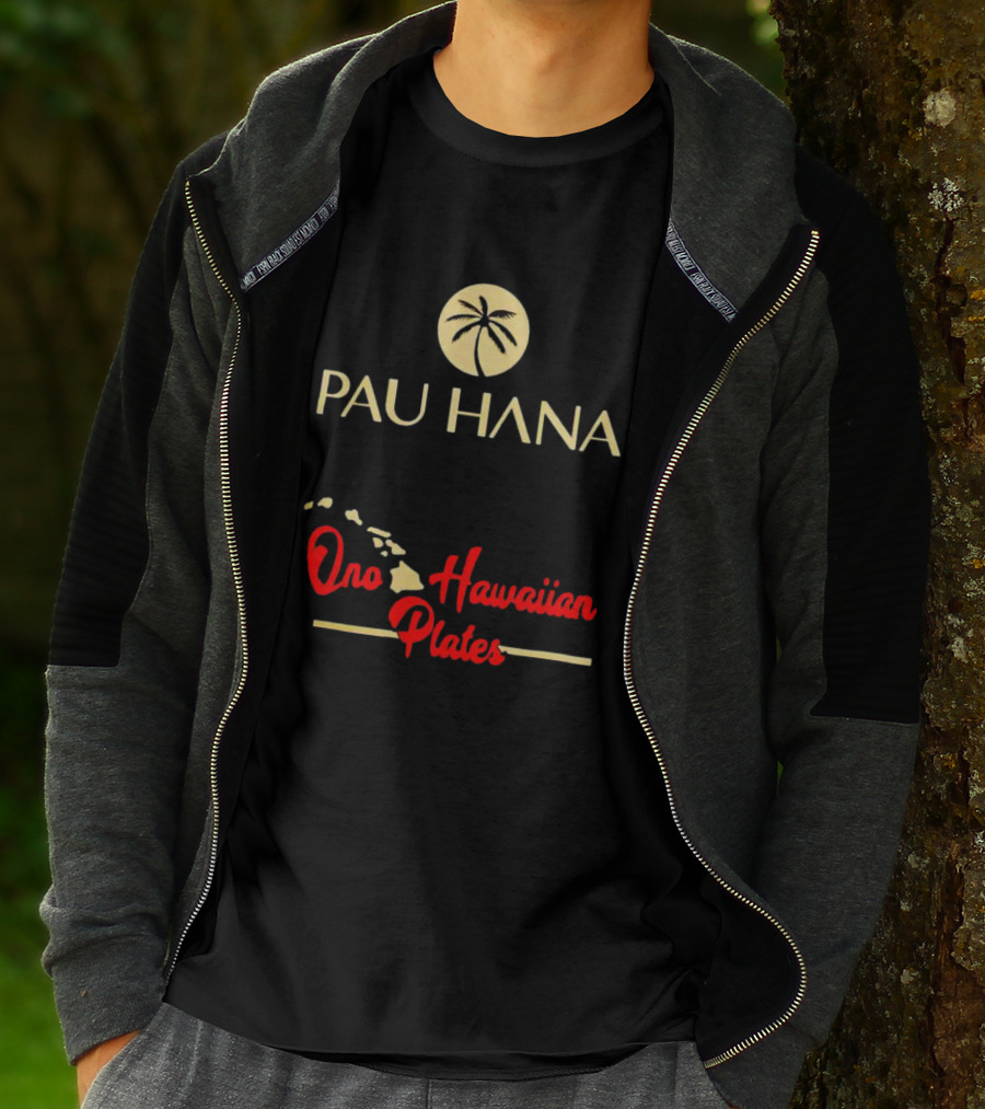 Pau Hana Palm Logo Ono Hawaiian Plates Map T-Shirt