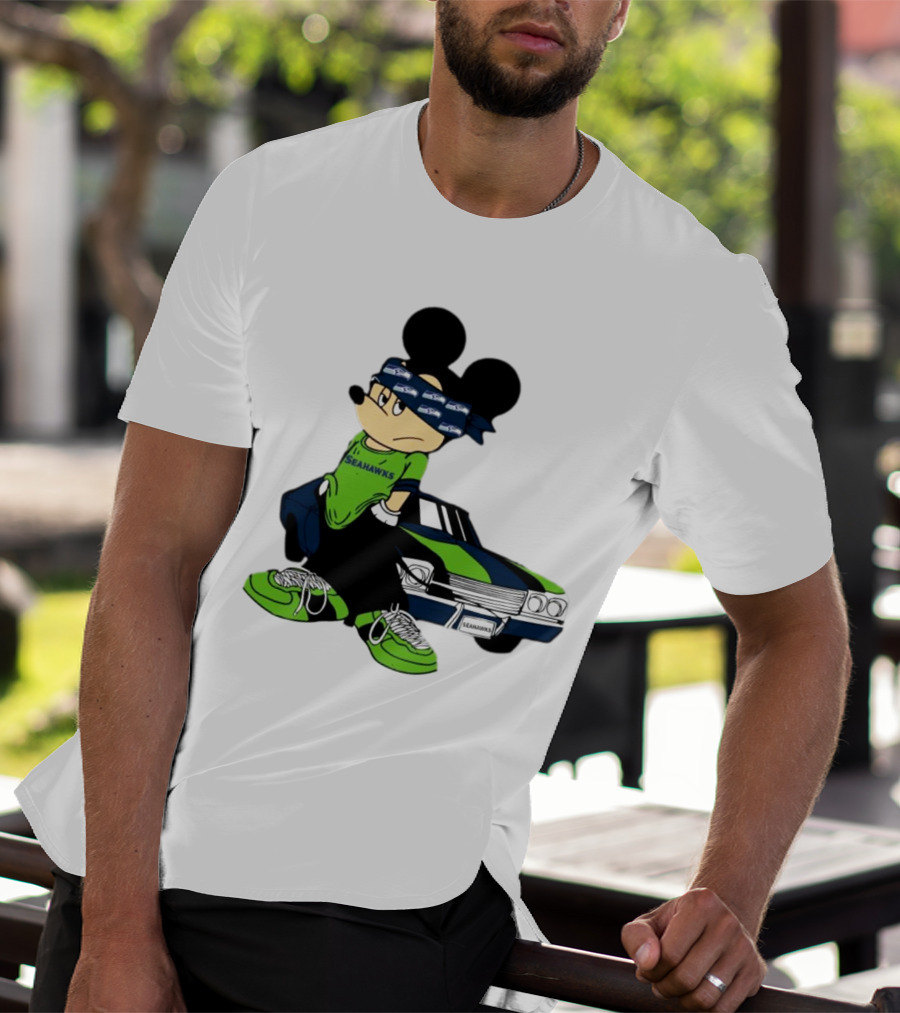 Seattle Seahawks Mickey Mouse Gangster Car Football Fan T-Shirt