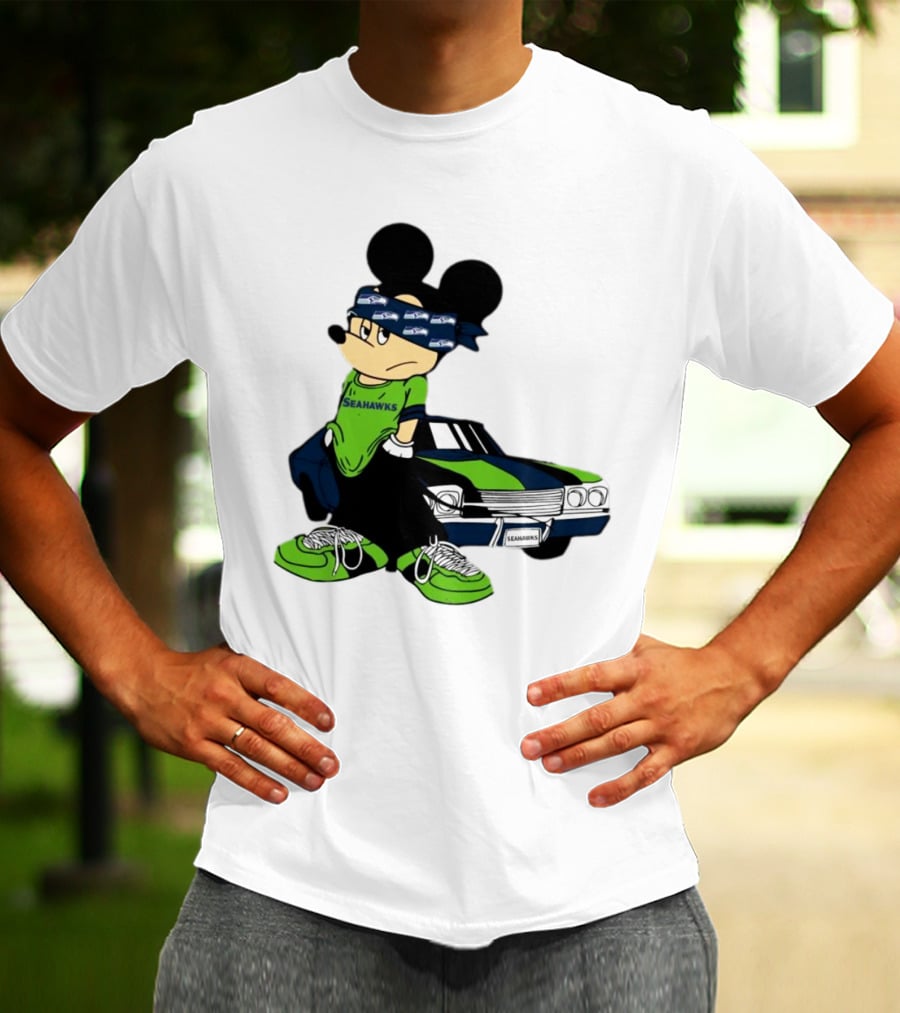 Seattle Seahawks Mickey Mouse Gangster Car Football Fan T-Shirt