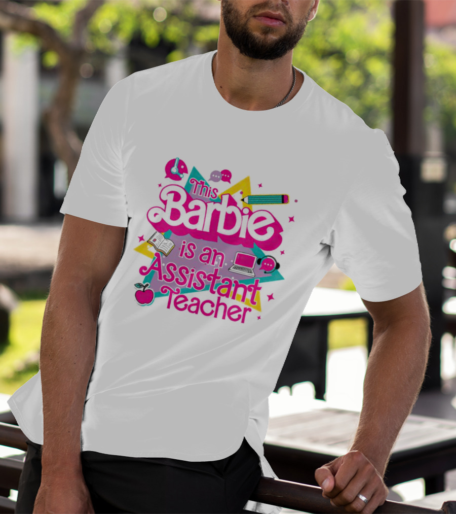 This Barbie Is An Assistant Teacher With Headphones Pencil Book Laptop Apple T-Shirt
