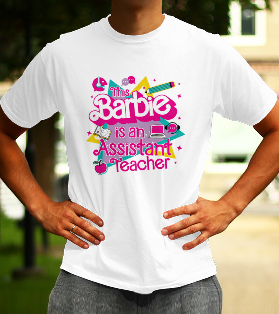 This Barbie Is An Assistant Teacher With Headphones Pencil Book Laptop Apple T-Shirt