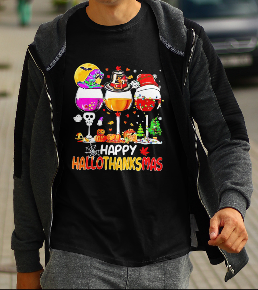 Happy Hallothanksmas Wine Halloween Thanksgiving Christmas T-Shirt