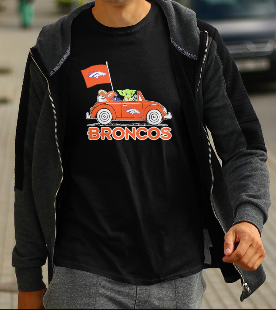 Yoda With Helmet In Denver Broncos Car With Flag T-Shirt