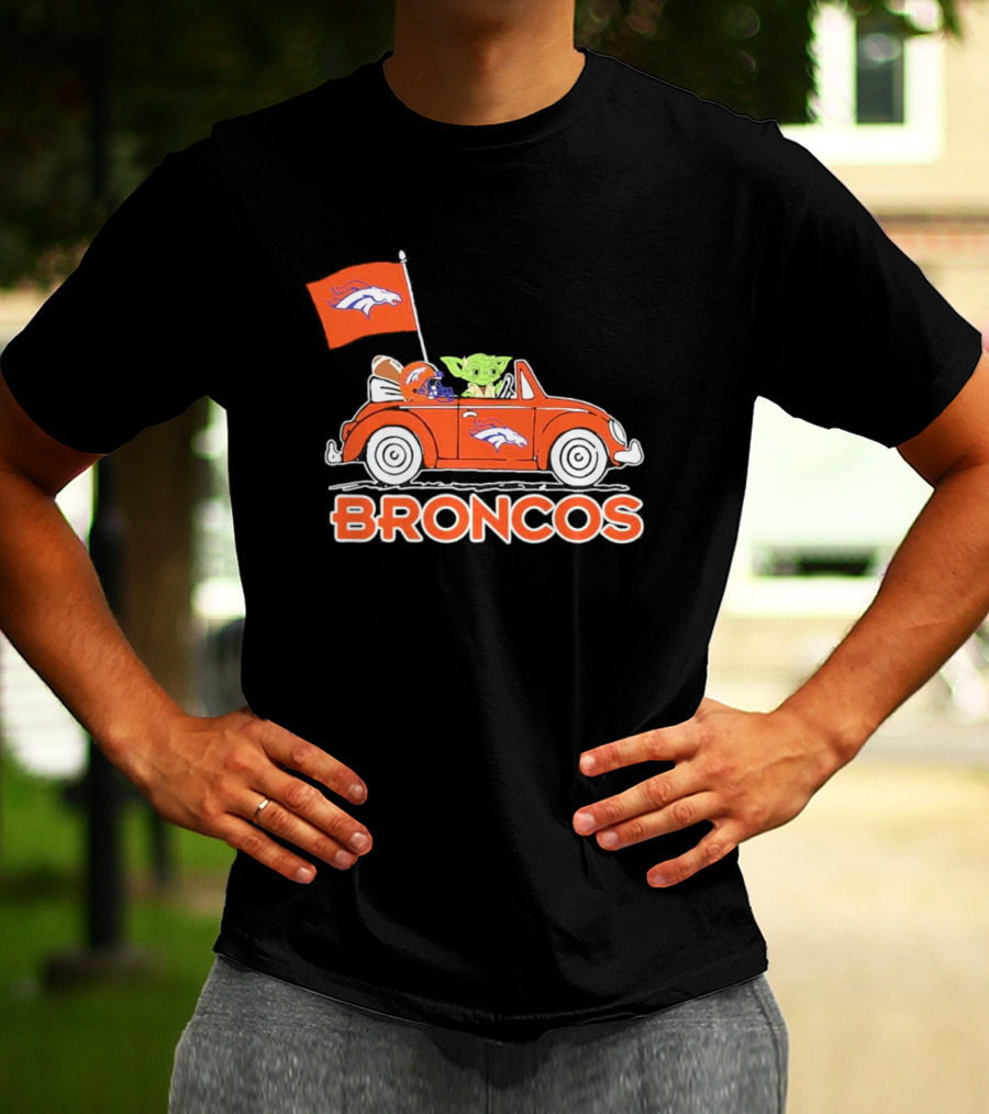 Yoda With Helmet In Denver Broncos Car With Flag T-Shirt