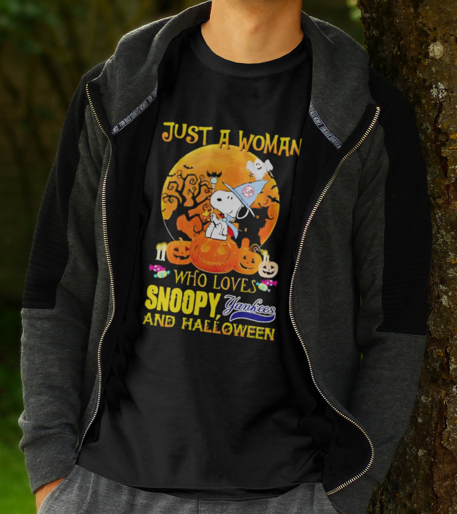 Just A Woman Who Loves Snoopy Yankees And Halloween T-Shirt