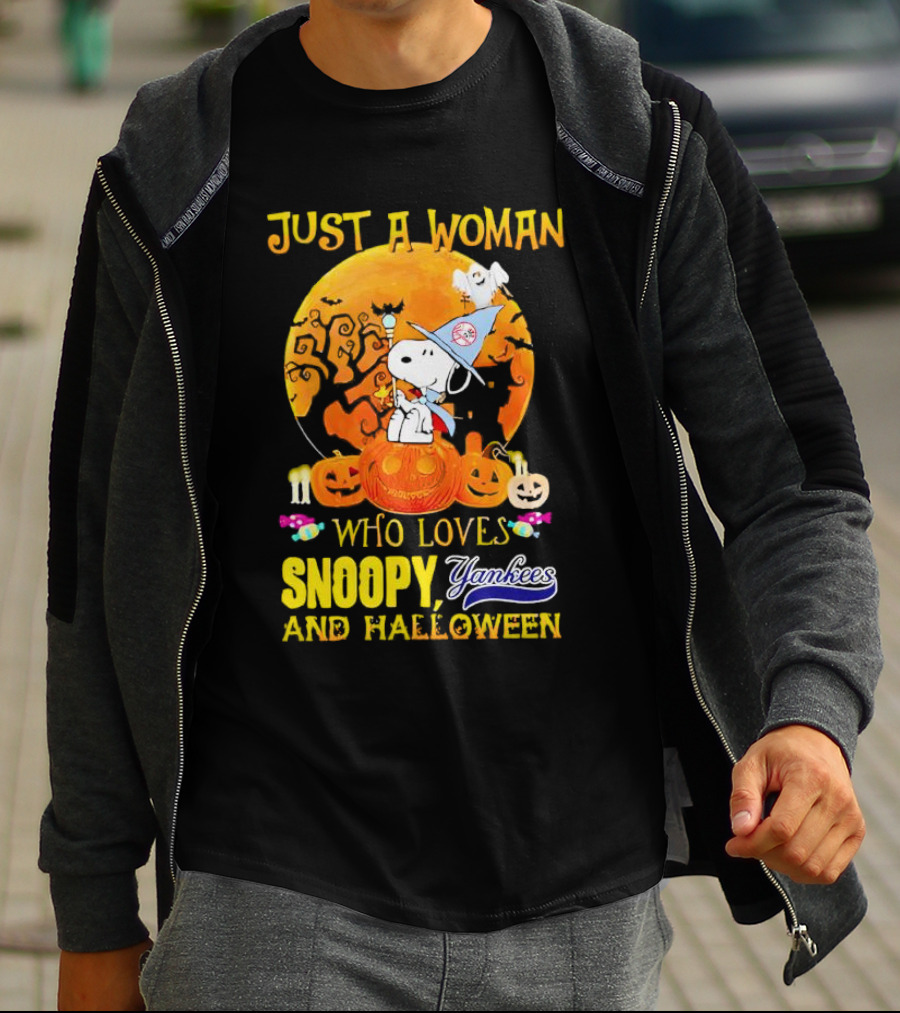Just A Woman Who Loves Snoopy Yankees And Halloween T-Shirt