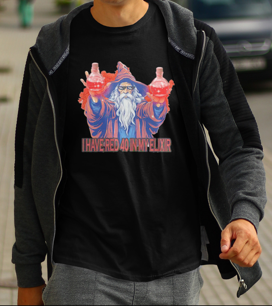Wizard Holding Two Red Elixirs With Text 'I Have Red 40 In My Elixir' T-Shirt