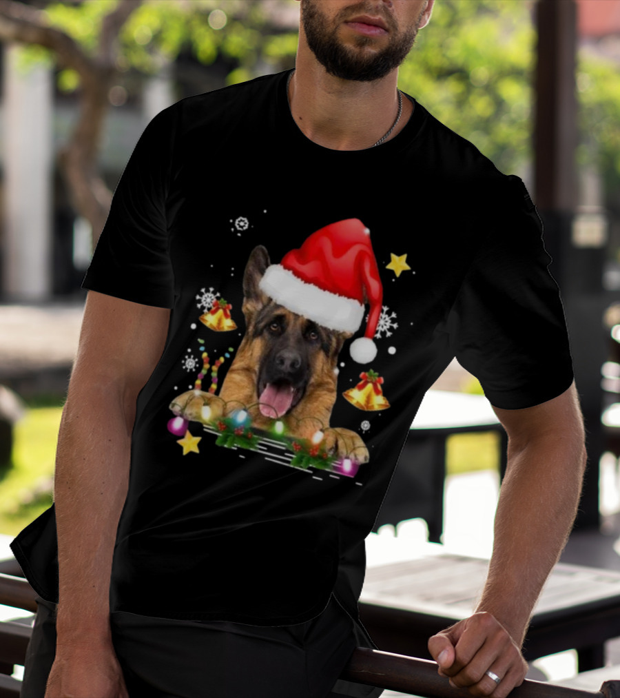 Happy Merry Christmas Lights German Shepherd Dog Festive Santa Hat T-Shirt