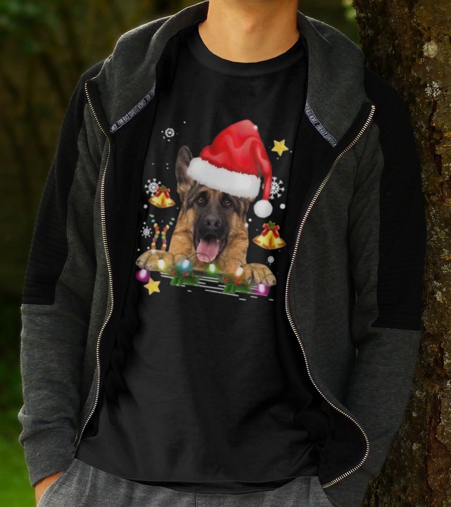 Happy Merry Christmas Lights German Shepherd Dog Festive Santa Hat T-Shirt