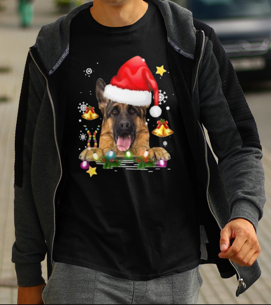 Happy Merry Christmas Lights German Shepherd Dog Festive Santa Hat T-Shirt