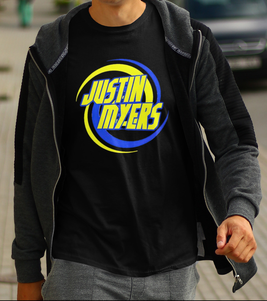 JUSTIN MYERS Blue Yellow Spiral Circle Text T-Shirt