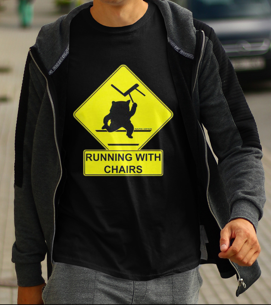 Nafo Fella Running With Chairs Caution Sign T-Shirt