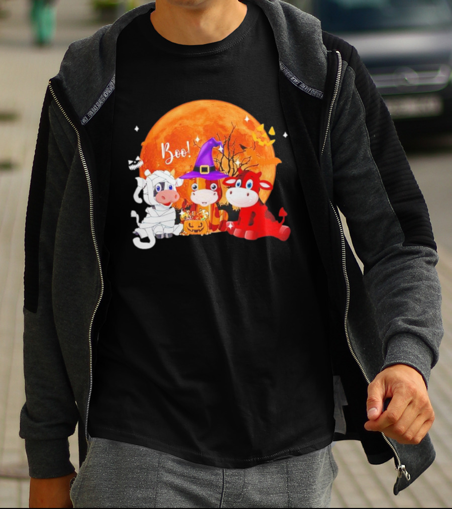 Boo Three Cow Halloween With Witch Hat Mummy And Devil In Front Of Full Moon T-Shirt