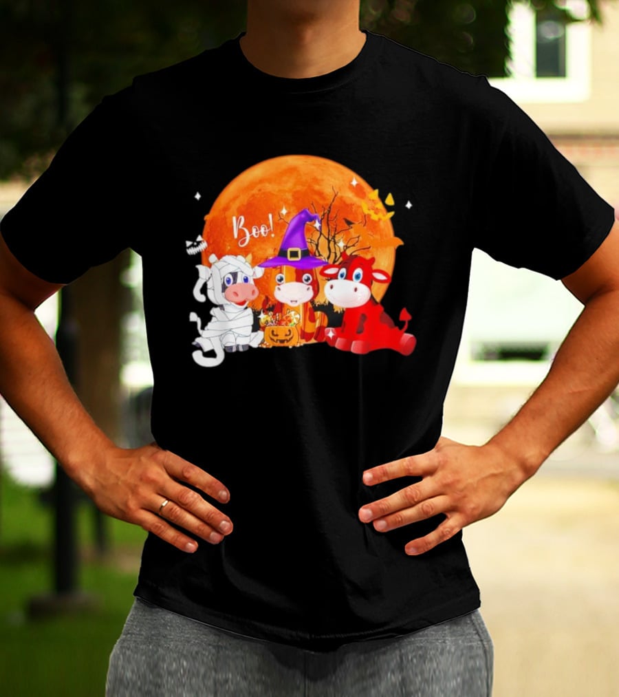 Boo Three Cow Halloween With Witch Hat Mummy And Devil In Front Of Full Moon T-Shirt