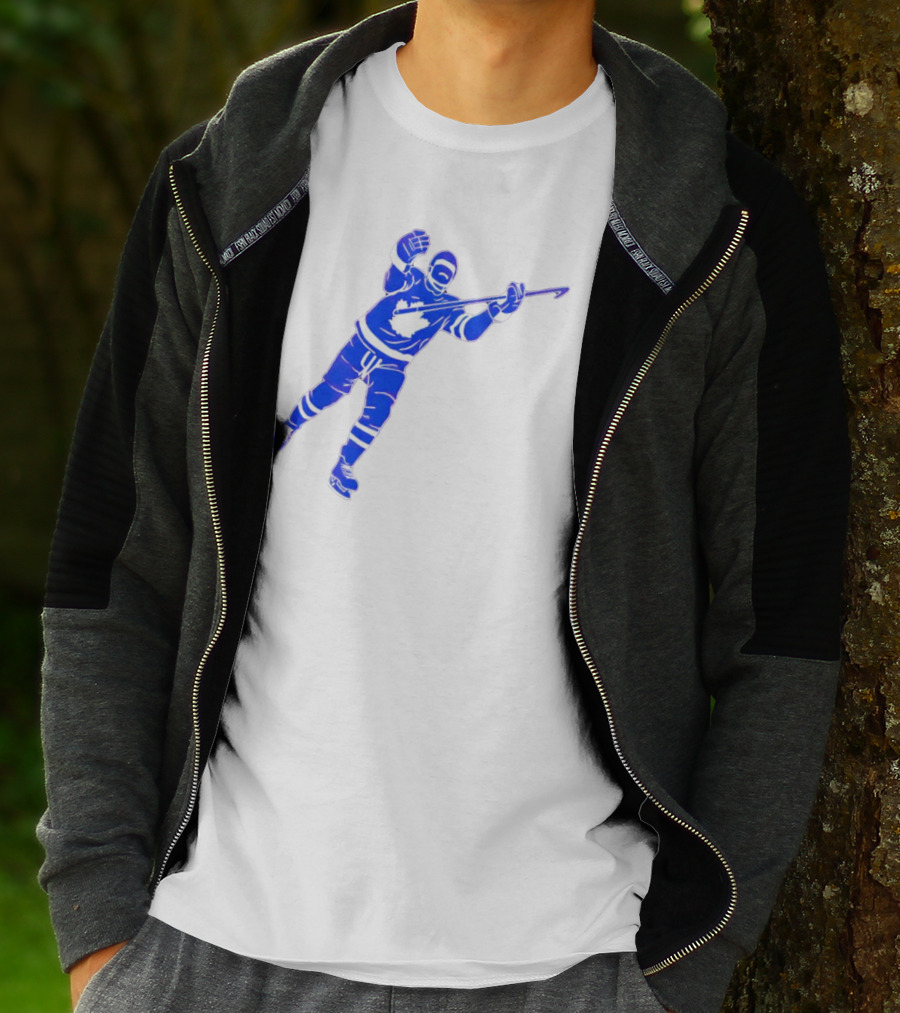 Auston Matthews Celebratory Pose Toronto Maple Leafs Player In Blue And White Hockey Gear T-Shirt