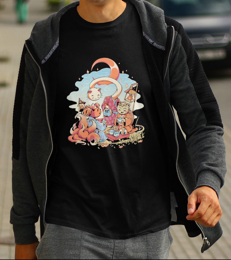 Cat Night Tea Lunar Gathering Whimsical Feline Picnic T-Shirt