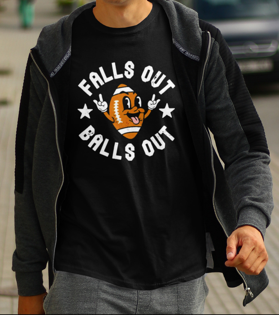 Falls Out Balls Out Funny Football Cartoon Text T-Shirt