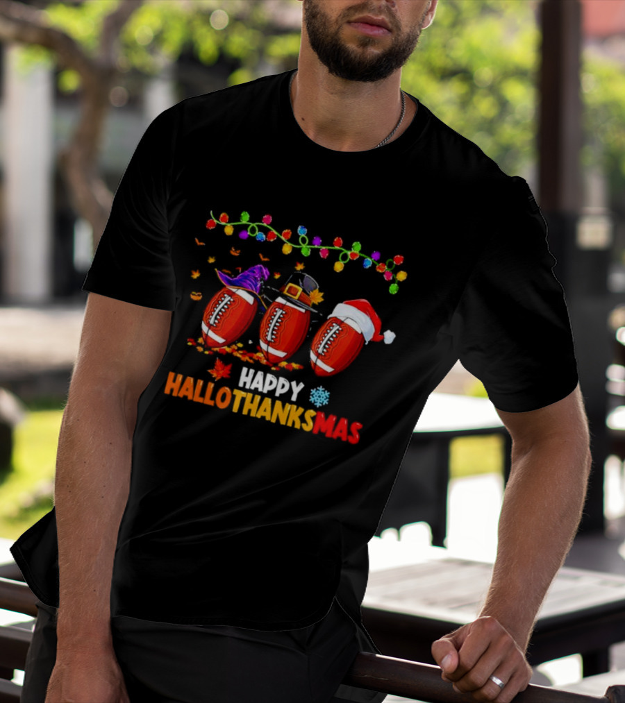 Happy Hallothanksmas Footballs With Halloween Thanksgiving Christmas Elements T-Shirt