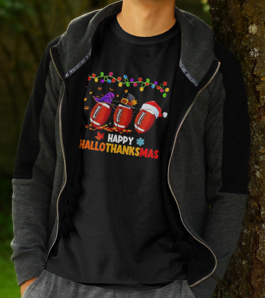Happy Hallothanksmas Footballs With Halloween Thanksgiving Christmas Elements T-Shirt